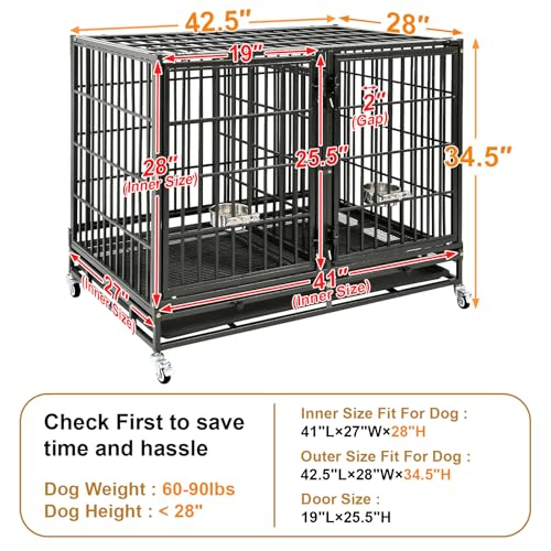Homey Pet Taller 43" Heavy Duty Double Dog Crates with Divider & Dual Door | Drop Cage for Dogs with Lockable Wheels, Bowls, Removable Tray, Top Access, Ideal for Small to Medium & Large Dogs, Breeders - size: 42.5"L - Tall