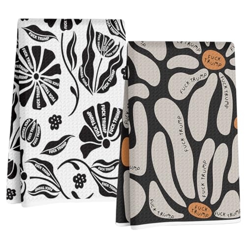 Jztco 2 Pcs Funny Trump Kitchen Towel, Floral Flower Hand Towels | Anti Trump Gifts for Women Absorbent Microfiber Dish Cloth Tea Towels for Kitchen Home Decor 14x24 Inch - color: Multi 1517