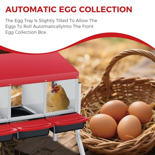 4 Hole Chicken Nesting Boxes, Weatherproof Galvanized Steel Chicken Egg Laying Box with Automatic Rollout Egg Collection, 2-in-1 Handle Perch, Easy Clean & Quick Assemble for Chicken Coop - color: Red, size: 4 holes with legs