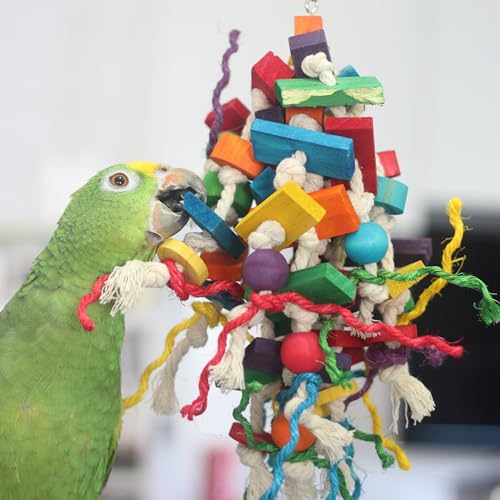 Colorful Parrot Chew Toy for Aggressive Chewers (Large) | Durable Bird Toy with Wood Blocks & Cotton Rope, 37cm Hanging Foraging Toy for Small to Large Parrots