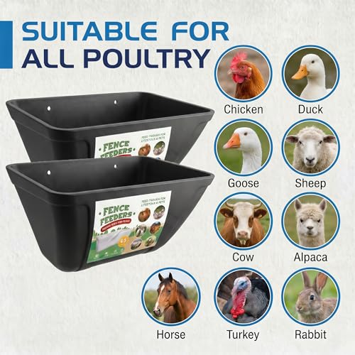 Hanging Chicken Feeder Waterer Heavy Duty BPA-Free Plastic Feed Trough, Fence Mount Livestock Feeding Bucket, Backyard Poultry Farm Supplies for Duck, Turkey, Goat, Sheep, 2 Pack, Black - color: Black