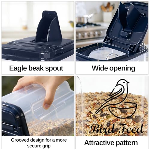 3L/3.2Qt Bird Seed Storage Container, Bird Seed Container with Pour Spout, Holds 3-3.5 lbs, Easy to Hold and Fill, Used to Store Bird Food Chicken Feed, Blue