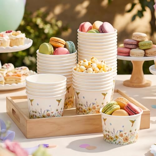 Funnymoom 50 Pack Wildflower Treat Snack Cups Spring Bird Flower Paper Ice Cream Cups 9 oz Hummingbird Floral Party Disposable Dessert Bowls for Hot or Cold Food Birthday Party Baby Shower Supplies - color: Fresh Green, style: Hummingbird