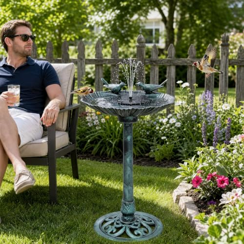 Athena Collection 31.5" Solar Powered Pedestal Bird Bath Fountain, Green | Detachable Solar Fountain Broad, 6 Spray Patterns, 5L Water Large Capacity，3 Ground Nails Included for Garden Yard Lawn - color: Green