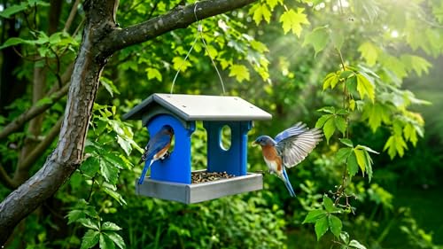 Bluebird Feeder - Poly Lumber - Hanging Blue Bird Feeder for Mealworms (Gray and Blue) - color: Gray and Blue