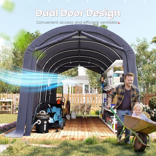 KING BIRD 10' x 20' Round Style Garage Carport Shelter with Roll-up Ventilated Windows Heavy Duty Storage Portable Canopy Storage Shelter Shed for Boat, Patio Furniture and Lawn Mower-Dark Gray - size: 10'X20'