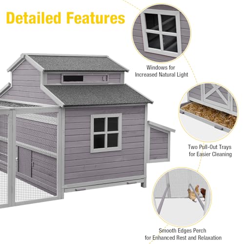 35.3ft² Large Chicken Coop with Run, Wooden Poultry Cage with Pull Out Trays & Nesting Box, Outdoor Rabbit Hutch Duck House for Backyard Garden - color: Grey, size: 115.0"L x 50.0"W x 56.0"H