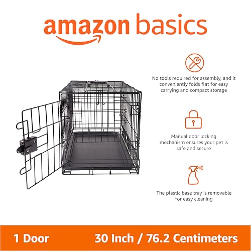 Amazon Basics Portable, Foldable Metal Wire Dog Crate with Removable Tray, Single Door, Divider Panel, Quick Setup, 30 x 19 x 21 in, Black - size: 30.0"L x 19.0"W x 21.0"H, style: Single Door w/ Divider
