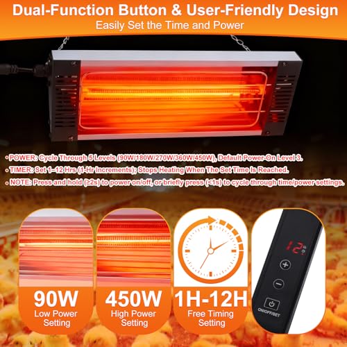 450W Heat Lamp for Chickens, Carbon Fiber Heater for Chick Brooder | Hanging Chicken Coop Heater, Adjustable Temp & Time & Height, Chicken Brooder Heating Lamp for Poultry, Livestock & Pets