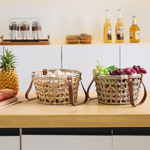 Farmhouse Seagrass Egg Baskets - Handmade Wicker Egg Collecting Basket with Handle - color: Round-Seagrass