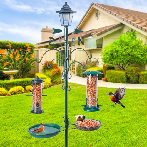 Yinns 58 Inch Outdoor Bird Feeder Pole with Bird Bath and Solar Light | Outdoor bird feeding station, 2 hanging feeders, bird bath, mesh tray, flower basket, weather vane, solar lantern - color: A-58inch Green