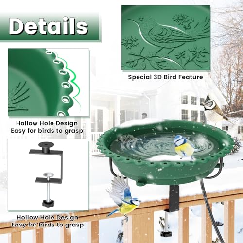 Heated Bird Bath for Outdoors,Deck Railing Heated BirdBaths,Green | Upgraded 100W,Thermostatically Controlled,Adjustable Clamp 3.2",Easy Clean/Install,Detachable Bowl,Garden Yard Patio Lawn - color: Green