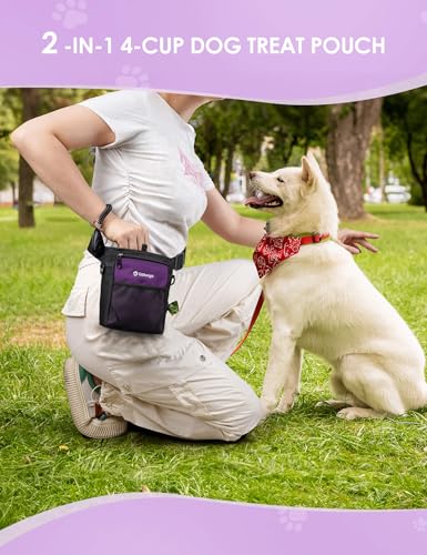4 Cup Dog Treat Pouch with Silicone Insert Bag& Clicker(Purple) | 2 Pair Magnetic Closures, Belt Clip/Waist Belt/Crossbody Wear, Zipper Pocket Poop Bag Holder for Pet Training/Daily Walking - color: Purple