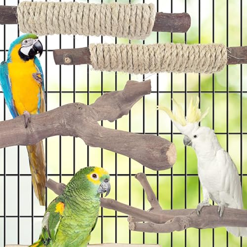 6 PCS Bird Perch Stand Natural Wood Standing & Hanging with Rope, Bird Cage Accessories for Small Parrots