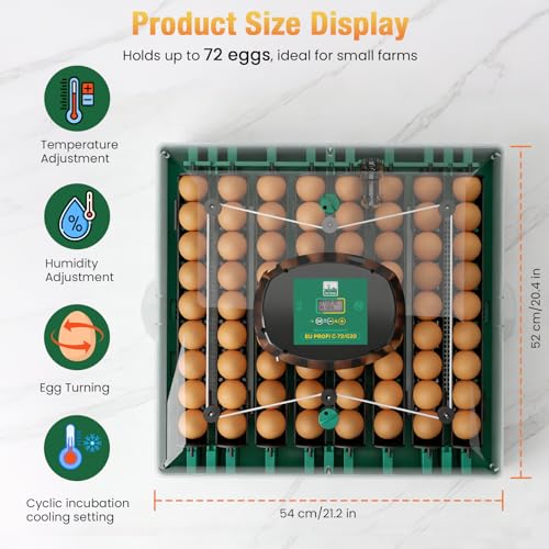 Egg Incubator for Chicken Eggs, Max 72 Egg Incubator with Auto Turner | Large capacity egg hatcher with humidity control, 360° clear view for chicken, duck, quail eggs, farms & classrooms