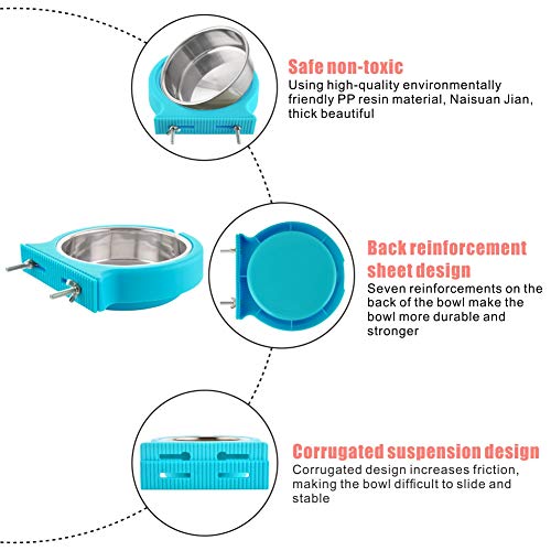 Crate Dog Bowl Removable Stainless Steel Water Food Feeder Bowls Cage Coop Cup for Cat Puppy Bird Pets (Large, Blue with Corrugated Clip) - color: Blue with Corrugated Clip, size: Large