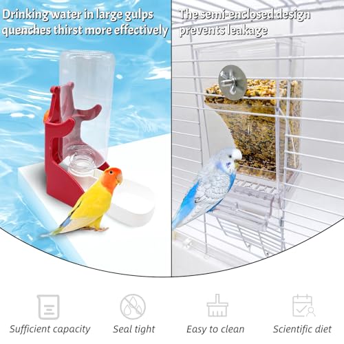 Parrot Automatic Feeder Bird Water Dispenser for Cage No Mess Bird Feeder Food Container Feeding Station Foraging with 3 Beak Grinding Stone for Cockatiel Cockatoo Canary Lovebirds - color: Red+Transparent, size: 2Pcs