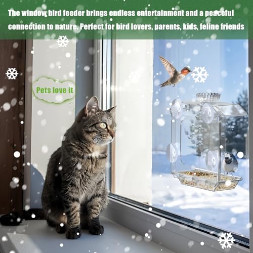 Clear Window Bird Feeder with Strong Suction Cups – Clear Bird Feeding Station with Dual Seed Tray & Water Bowl – Easy to Install and Clean for Outdoor Viewing