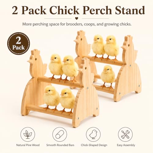 2 Pack Chick Perch Stand, Pine Wooden Roosting Perch for Brooder Coop, Chick-Shaped Chicken Jungle Gym Toy with 3 Perching Bars, Bird Perch for Baby Chicks & Small Birds