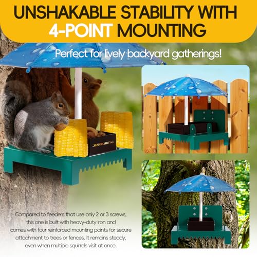 Heavy Duty Metal Squirrel Feeder Picnic Table with Umbrella - Rustproof Corn Cob Holder & Chipmunk Feeder for Tree/Fence, Funny Gift for Squirrel Lovers. (Blue) - color: BLUE
