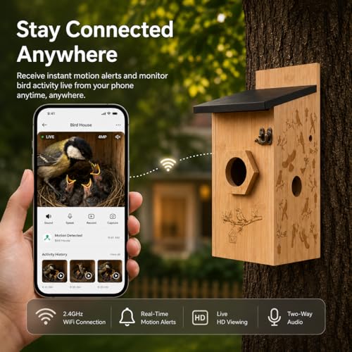Smart Bird House with Camera, Wooden Birdhouse for Outdoor Bird Watching, App Live View, Color Night Vision, Motion Detection, 2-Way Audio, Waterproof Backyard Bird Nesting Box - color: Woodland Oak, size: Wired Edition