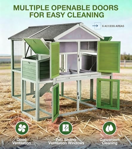 GUTINNEEN Extra Large Chicken Coop with Run Walk in Chicken House with 2 Large Nesting Boxes Sturdy Iron Angle Brackets 76" L Grey - size: 75.7"L x 65.7"W x 59.1"H