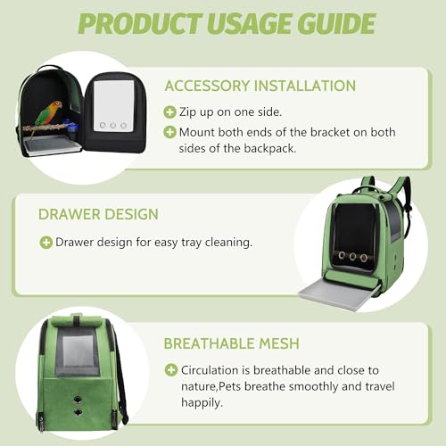 Bird Backpack Carrier,Bird Travel cage Backpack with Tray and Standing Perch,Feeding Tank,Waterproof pad,Used for Parakeets,hornbirds,Lovebirds,Small and Medium-Sized Bird - color: Green