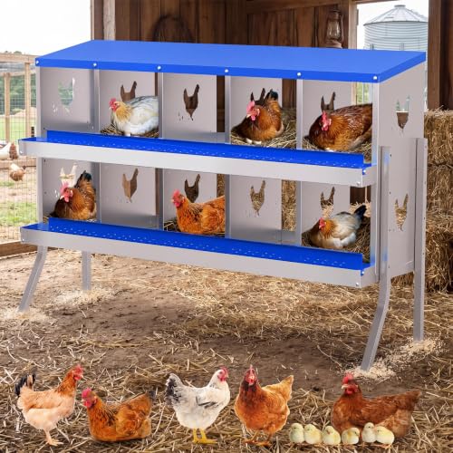 10 Compartment Galvanized Metal Chicken Nesting Box with Support Legs, Easy Install & Clean Roll Out Egg Laying Boxes for Backyard Chicken Coop, Anti-Rust Egg Protection Nest,Blue - color: Blue, size: 10 holes with legs