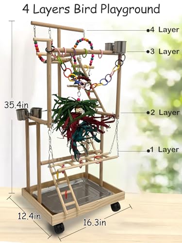 4-Tier Large Wooden Bird Playground with Wheels, Natural Wood Parrot Play Stand Birds Perch Stand Gym with Ladder Toy Accessories for Cockatiel Cockatoo Quaker