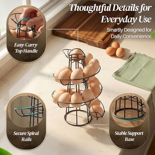 Flexzion Egg Skelter Modern Spiral Egg Holder Countertop (Medium Egg Display) - Freestanding Wired Countertop Egg Holder for Fresh Eggs, Dispenser Stand, Storage Rack for Kitchen, Black | Wire Chicken Egg Basket and Rotating Skelter Rack for Fresh Egg Sto