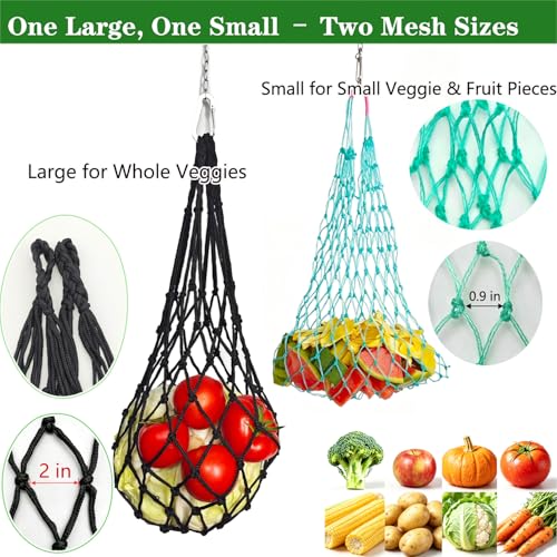 4Pcs Chicken Vegetable Hanging Feeder Bag with Hook and Chain | 2 Large and 2 Small Mesh, S hook and stainless chain, Reusable String Net. Coop Treat Toy for Poultry, Hens, Ducks, Goose