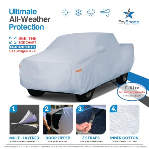 EzyShade Truck Cover Waterproof All Weather. See Truck Size-Chart. Size T4 | Multi-Layer Full Outdoor Pickup Truck Covers. Rain Sun Snow UV Dust Protection. Silverado, F150, RAM 1500 - See Size Chart - color: Reflective, size: T4 - see Vehicle Size Chart