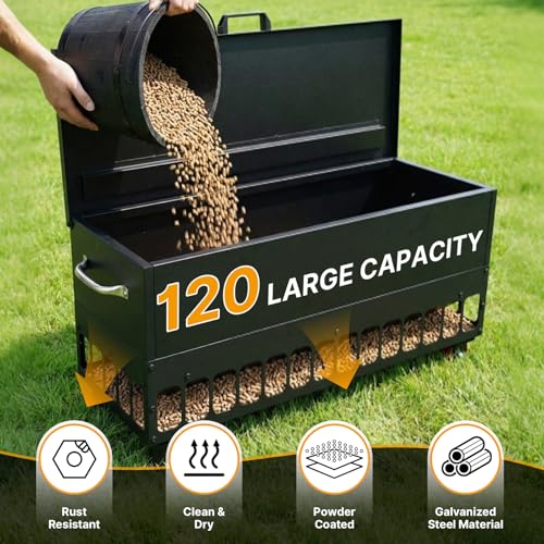 120LBS Automatic Metal Chicken Feeder,Heavy Duty Steel Chicken Feeder Box | Portable Chicken Feede Poultry Feeder with single-side casters and Weatherproof Lid for Ducks, Geese, Black