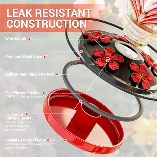 Hummingbird Feeder for Outdoors, 24oz Glass Nectar Feeder with Perch & 5 Flower Feeding Ports, Leakproof Hanging Bird Feeder for Garden Yard Decor, Outside Gifts for Women & Mom, Ruby Red - color: Ruby Red