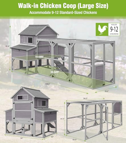 GUTINNEEN Extra Large Chicken Coop with Run 6 Nesting Boxes 4 Perches Weatherproof Outdoor Backyard Hen House with 3 Ventilated Windows and Multiple Access Doors 134" L Gray - size: 134.5"L x 59.0"W x 62.4"H