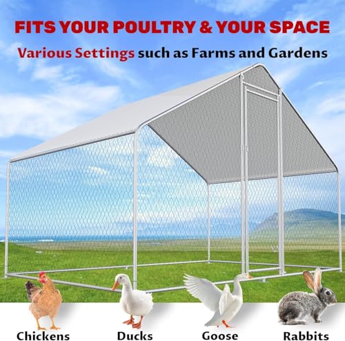 Large Metal Chicken Coop 118x78x78 in, Walk in Run with Cover | Walk-in chicken run with galvanized steel frame, waterproof UV-resistant cover, lockable door, and full-coverage wire mesh - color: 1-Unit Coop