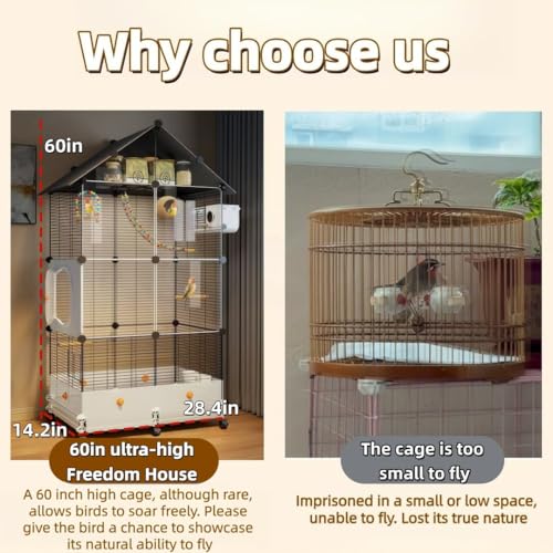 60in Large Flight Bird cage, Equipped with Bird's Nest， Ladder, Swing, Feeder, etc. with Wheels for Easy Outdoor Movement, Suitable for Parrots, Pigeons (Black) - color: Black