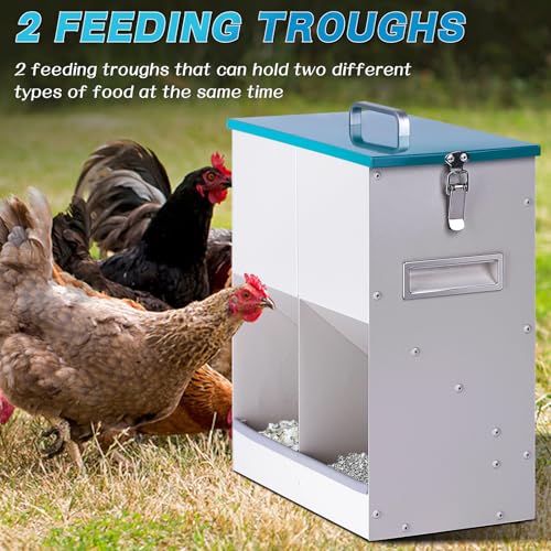 10L Chicken Grit and Oyster Shell Feeder Combo with Lid Hanging Duck Feeder Automatic Metal Gravity Chicken Feeder Poultry Coop Accessories for Goose Hens Eggs (Blue)
