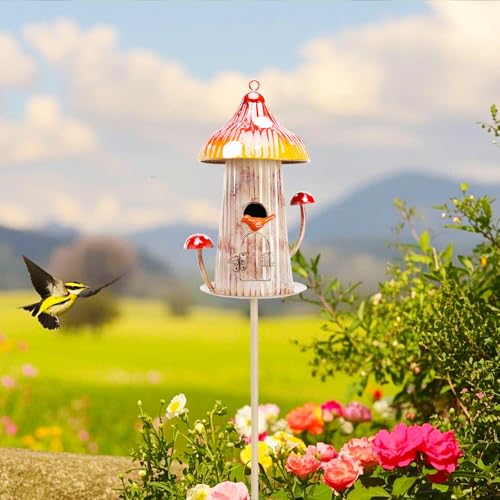 Yinns Bird House Stake for Outside, Metal Mushroom Birdhouse Garden Decor | Birdhouses for Outdoors Wild Bird Houses Pole, Decorative Metal Waterproof Bird Houses for Backyard Garden Decor - color: Colorful
