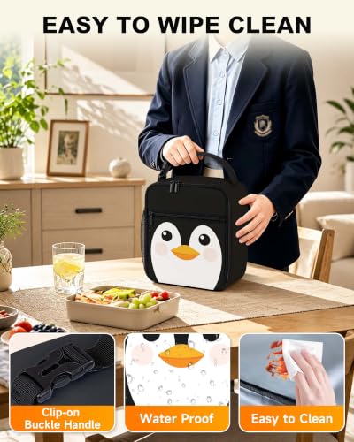Lunch Box Boys Girls Insulated Lunch Bag for Kids Teen, Funny Penguin | Reusable Lunchbox, Cooler Tote Bag, Water Bottle Holder, Front Pockets, Portable Buckle Handle for School Work Picnic Travel - color: Funny Penguin Face