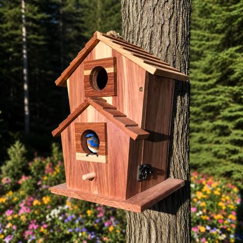Cedar Bird House for Outside, Wooden Birdhouse for Outdoors, Bluebird House, Hanging Birdhouse with Predator Guard, Large Clean Out Door, All Natural Linseed Oil Finish