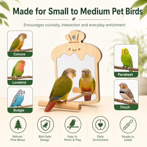 Bird Mirror with Perch, Wooden Bird Cage Mirror Toy, Natural Pine Parrot Perch Accessory for Conures, Budgies, Parakeets, Cockatiels, Lovebirds and Small to Medium Birds