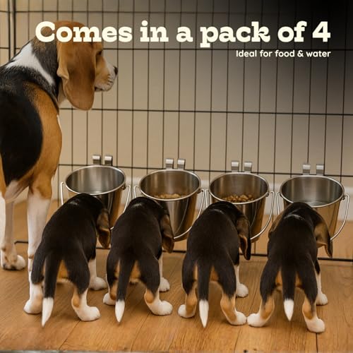 2 Quart Stainless Steel Flat Sided Bucket with Dual Hooks | 4 Pcs Durable Food & Water Bowl for Dog Cats Bird & Small Animals | Fits kennel Cage Crates Hanging Pet Pail | Multipurpose use - size: 2 Quart (Pack of 4)