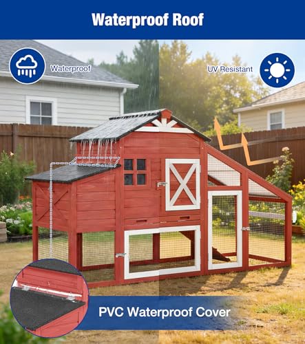 Mobile Chicken Coop with Run Outdoor Hen House with Slide-Out Tray Waterproof Roof Large Nesting Box 2 Perches Non-Slip Ramp Red - color: 73.4“L Red & White