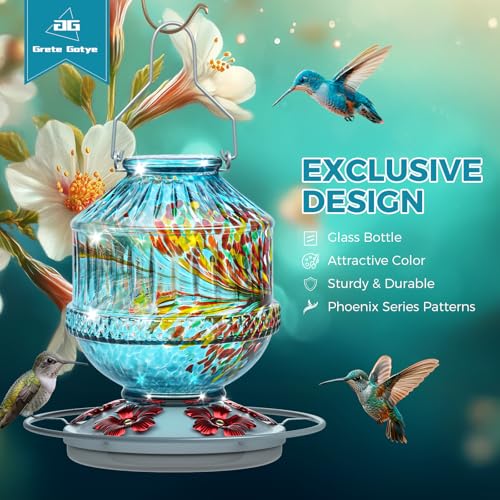 Hand Blown Glass Hummingbird Feeders for Outdoors, 25 Ounces Wild Bird Nectar Feeder with Perch & 5 Flower Feeding Ports Leak Proof Hanging for Garden Backyard Decor, Gifts for Women Mom, Blue - color: Phoenix Blue