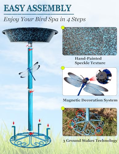 SAC SMARTEN ARTS Freestanding Bird Bath for Outside Metal Birdbaths Birdfeeder Bowl with Metal Stake Spa Bird Feeder Standing for Garden Patio Yard Lawn Décor 25.5 Inch Height - color: Carbon Black with Turquoise & Copper Speckles