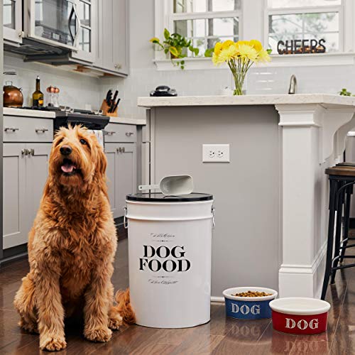 Harry Barker Bon Chien Dog Food Storage Canister – Medium 6.5 gallons, Airtight Stainless Steel Pet Food Container, Stylish Kitchen Counter Dog Kibble Storage with Easy-Open Lid - White - color: Black & White