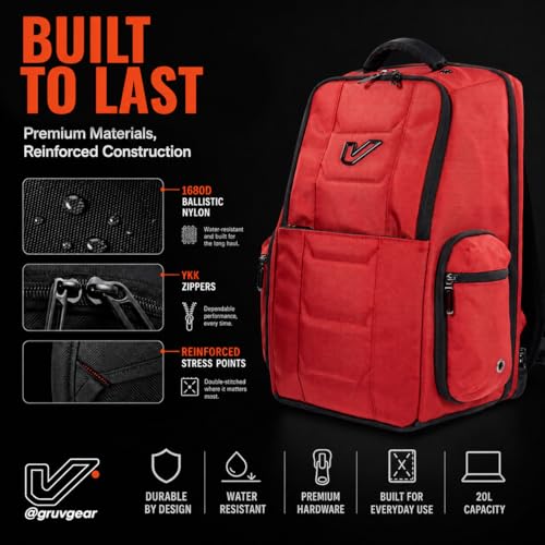 Gruv Gear Travel Laptop Backpack, 20L Red Tech Backpack with Modular Storage Shelves, Dual Access Pockets & TSA-Friendly Design, Compact Carry-On Backpack for Work, Travel & Everyday Carry - color: Red/Carbon Fiber