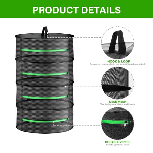 iPower 2ft 4-Layer Hanging Herb Mesh Dry Rack Foldable Drying Net with Zippers Heavy Duty Ring for Hydroponic Plant, Free Storage Bag and Hook Included - size: 4-Layer, style: Black Zippered