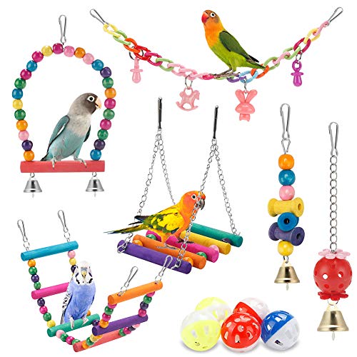 Bird Parakeet Toys - Swing Hanging Standing Chewing Hammock Climbing Ladder Bird Cage Colorful Toys Suitable for Budgerigar, Parakeet, Conure, Cockatiel, Mynah, Love Birds, Finches